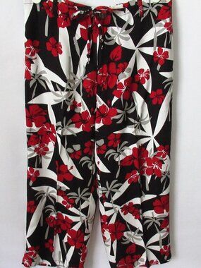 c.b. casual red black floral tropical zip/tie front capri pants *Sz PM*